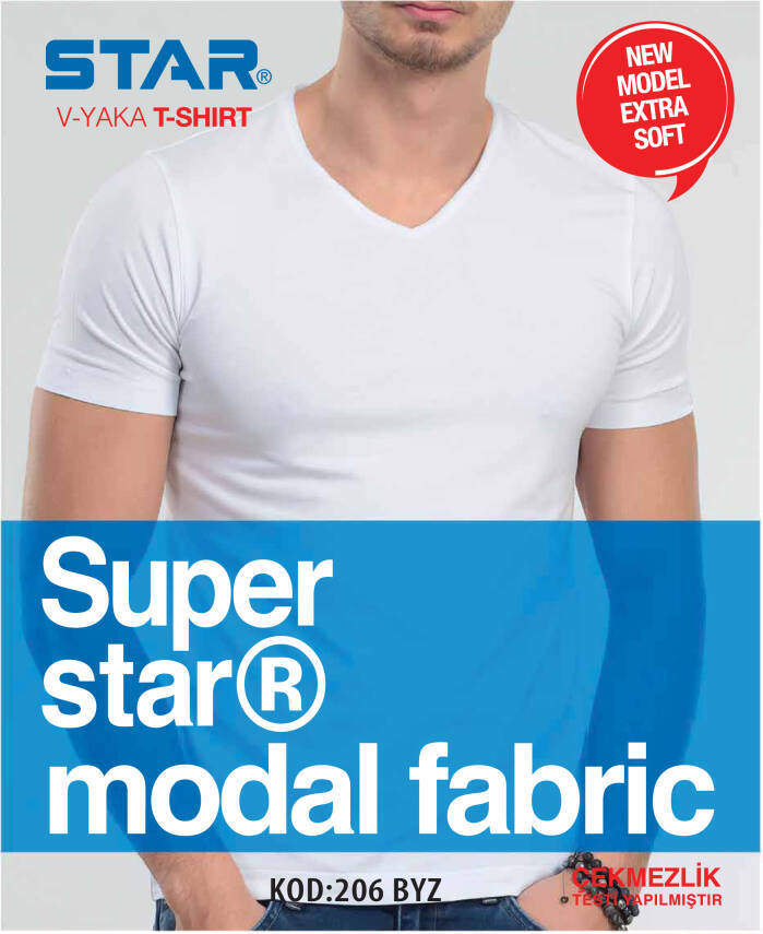 STAR ERKEK BEYAZ MODAL V YAKA T-SHİRT - 1