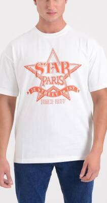 STAR ERKEK BEYAZ OVERSİZE STAR PARİS BASKILI T-SHİRT 