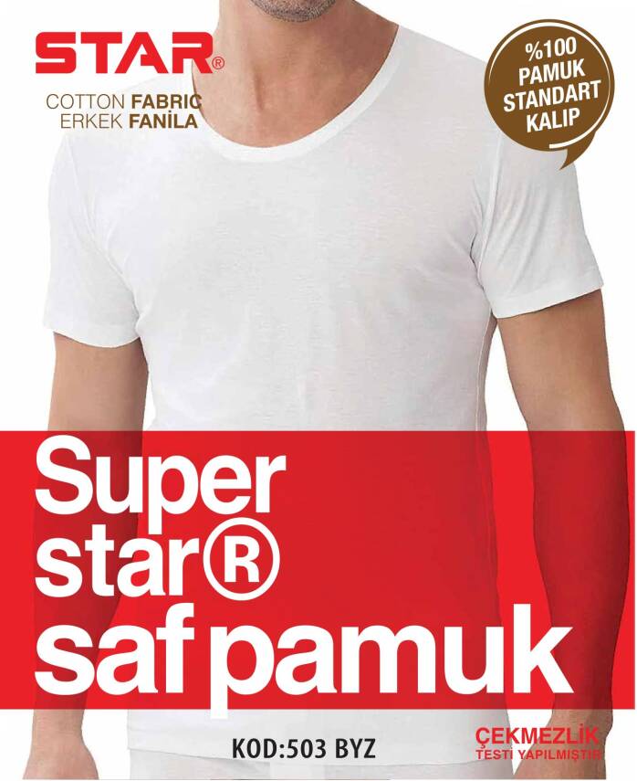 STAR ERKEK BEYAZ SAF PAMUK BİSİKLET (AÇIK ) YAKA T-SHİRT ( FANİLA ) - 1
