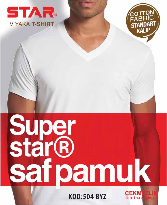 STAR ERKEK BEYAZ SAF PAMUK V YAKA KISAKOL T-SHİRT ( FANİLA ) - 1
