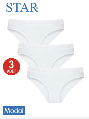 STAR KADIN 3 LÜ BEYAZ MODAL BELİ DANTEL DETAYLI BİKİNİ KÜLOT 