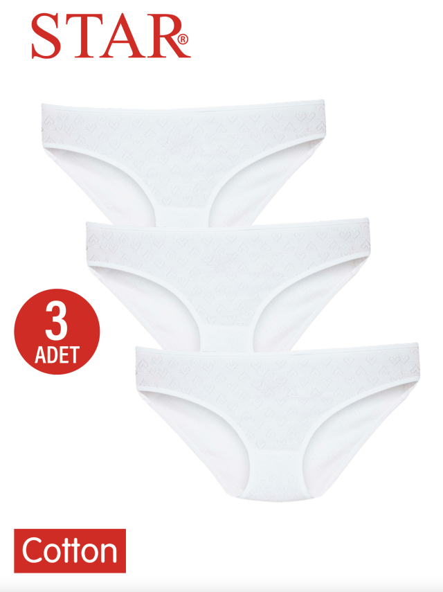 STAR KADIN 3 LÜ BEYAZ SAF PAMUK KALP DESENLİ BİKİNİ KÜLOT - 1