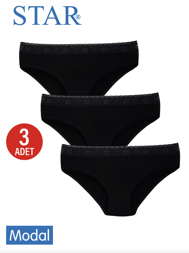 STAR KADIN 3 LÜ SİYAH MODAL BELİ DANTEL DETAYLI BİKİNİ KÜLOT - 1