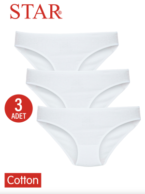 STAR KADIN 3LÜ BEYAZ SAF PAMUK ÇİZGİLİ BİKİNİ KÜLOT 
