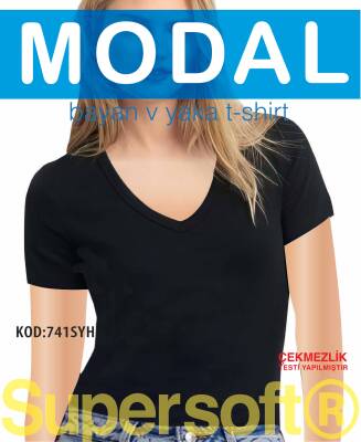 STAR KADIN SİYAH MODAL V YAKA KISAKOL T-SHİRT SİYAH