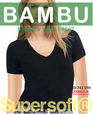 STAR KADIN SİYAH ORGANİK BAMBU KISAKOL V YAKA T-SHİRT SİYAH