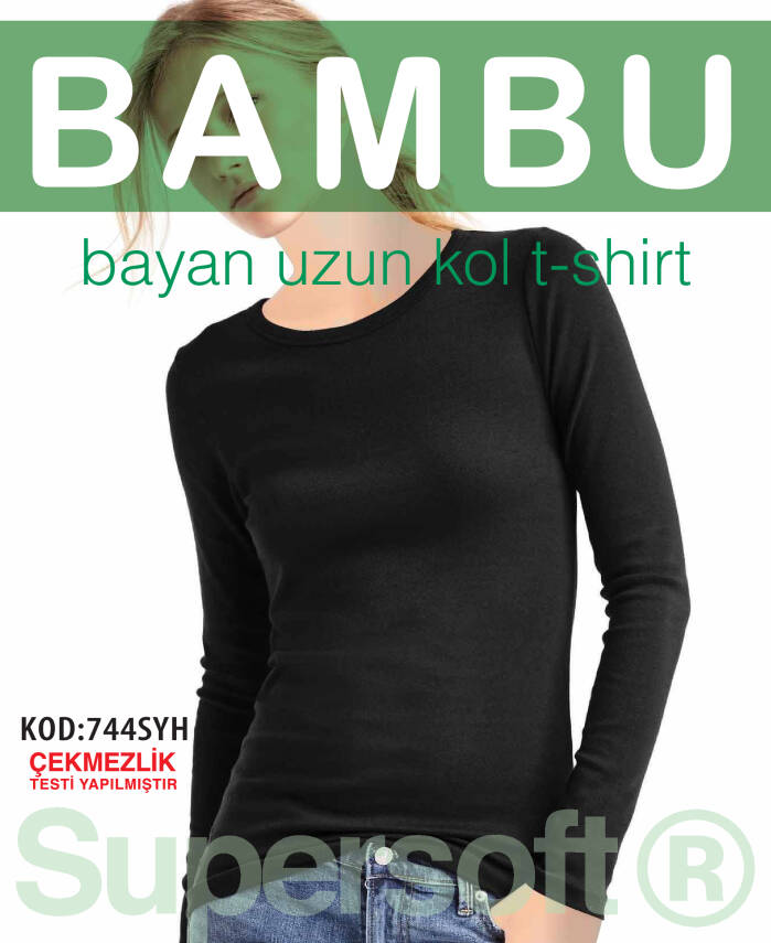 STAR KADIN SİYAH ORGANİK BAMBU UZUNKOL T-SHİRT - 1