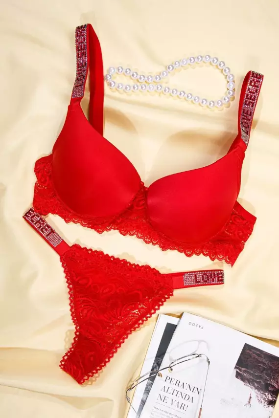 STAR Tılsım Lingerie Kırmızı Love Secret Taşlı Mikro Dolgulu Sütyen Takım 250 - 1