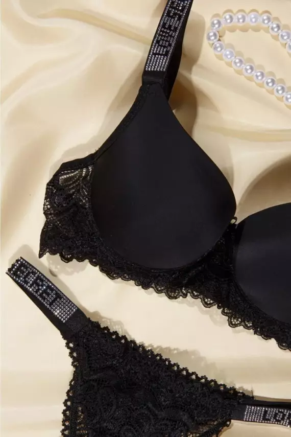 STAR Tılsım Lingerie Siyah Love Secret Taşlı Mikro Dolgulu Sütyen Takım 250 - 2