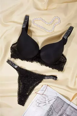 STAR Tılsım Lingerie Siyah Love Secret Taşlı Mikro Dolgulu Sütyen Takım 250 